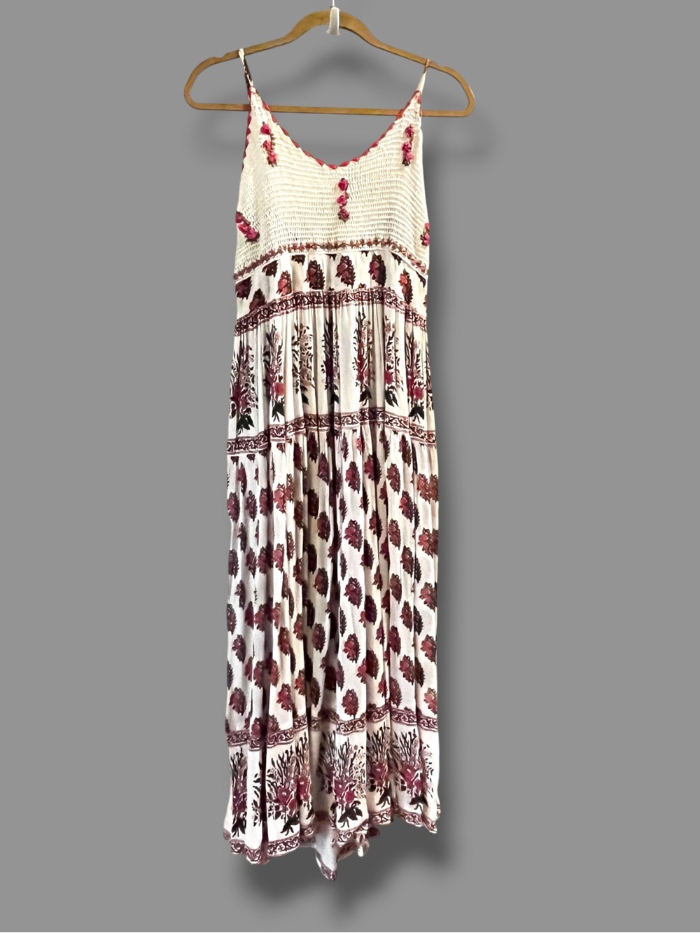 Raga Anthro Maxi Dress Small Crochet Bodice Tiered Skirt Floral Boho Y2K Hippie
